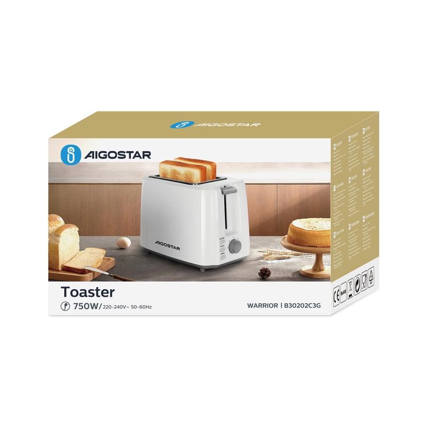 Aigostar - Brødrister med 2 åbninger 750W/230V hvid