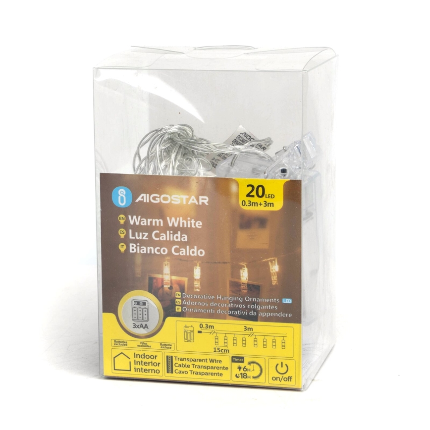 Aigostar - Dekorativ LED-lyskæde med klemmer 20xLED/3xAA 3,3m varm hvid