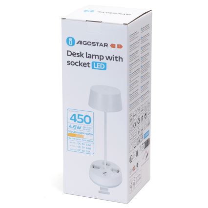 Aigostar - Dimmable LED bordlampe med stikkontakter og USB LED/4,6W/230V 3000/4000/6500K hvid