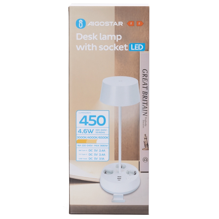 Aigostar - Dimmable LED bordlampe med stikkontakter og USB LED/4,6W/230V 3000/4000/6500K hvid