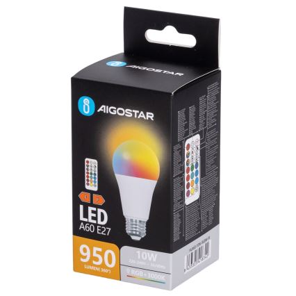 Aigostar - LED RGBW Dæmpbar pære A60 E27/10W/230V 3000K + fjernbetjening