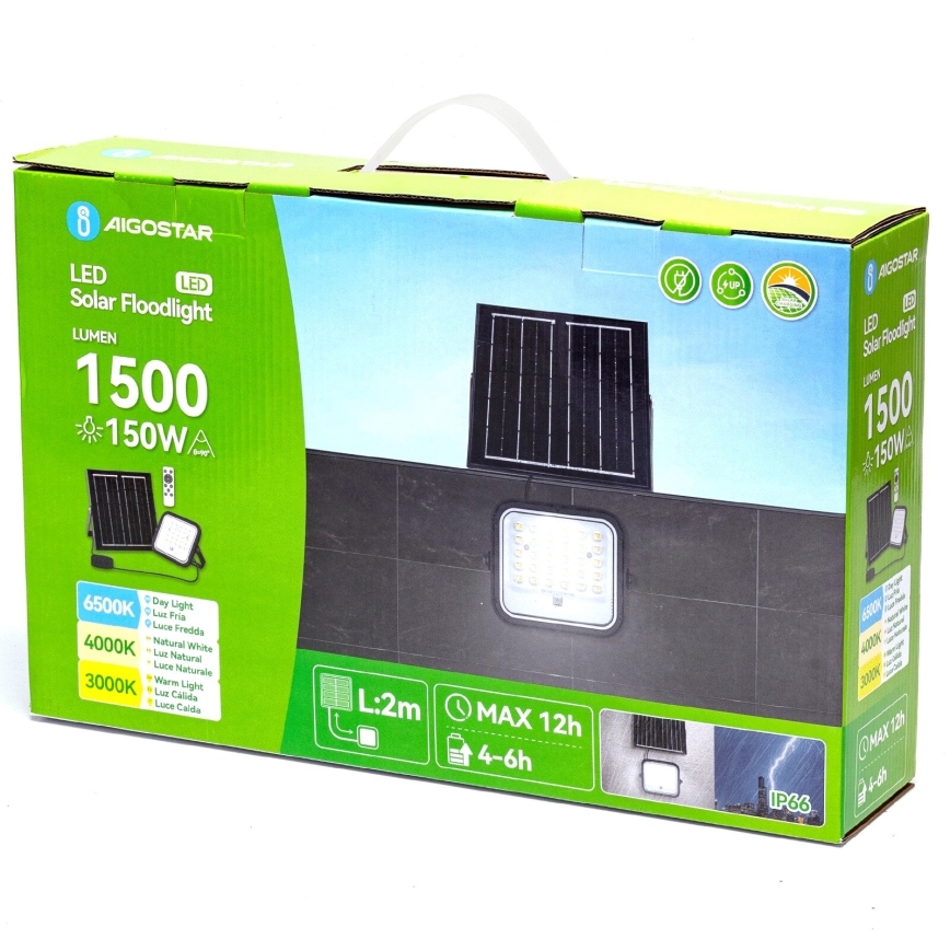Aigostar - LED Dæmpbar solcelledrevet reflektor LED/150W/3,4V 3000/4000/6500K IP66 12000 mAh + fjernbetjening