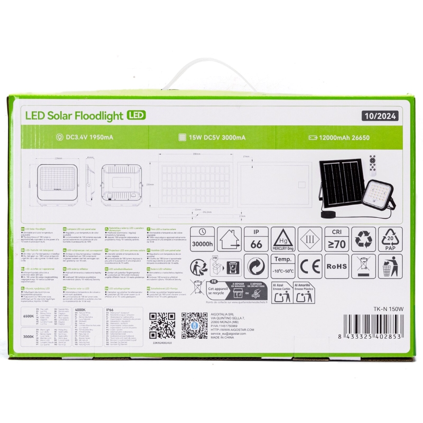 Aigostar - LED Dæmpbar solcelledrevet reflektor LED/150W/3,4V 3000/4000/6500K IP66 12000 mAh + fjernbetjening