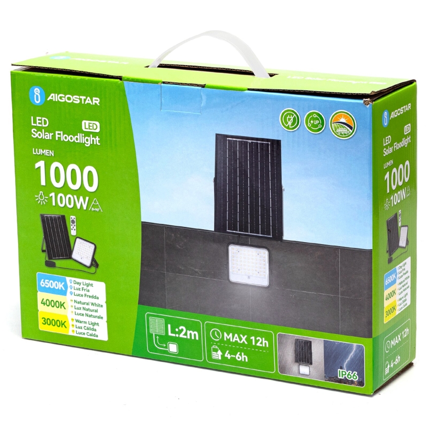 Aigostar - Dæmpbar solcelledrevet LED-projektør LED/100W/3,4V 3000/4000/6500K IP66 8000 mAh + fjernbetjening