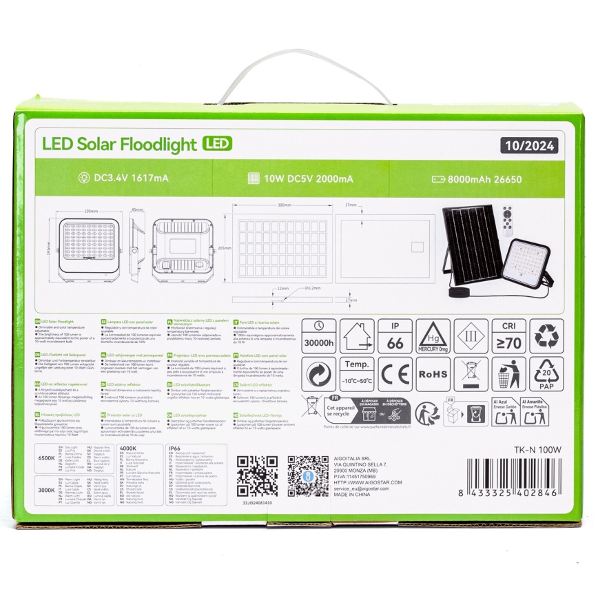 Aigostar - Dæmpbar solcelledrevet LED-projektør LED/100W/3,4V 3000/4000/6500K IP66 8000 mAh + fjernbetjening