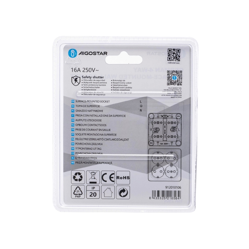 Aigostar - Firedobbelt vægstikkontakt SCHUKO 250V hvid