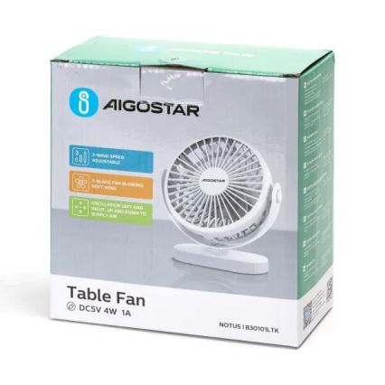 Aigostar - Genopladelig bordventilator 4W/5V 1500 mAh hvid