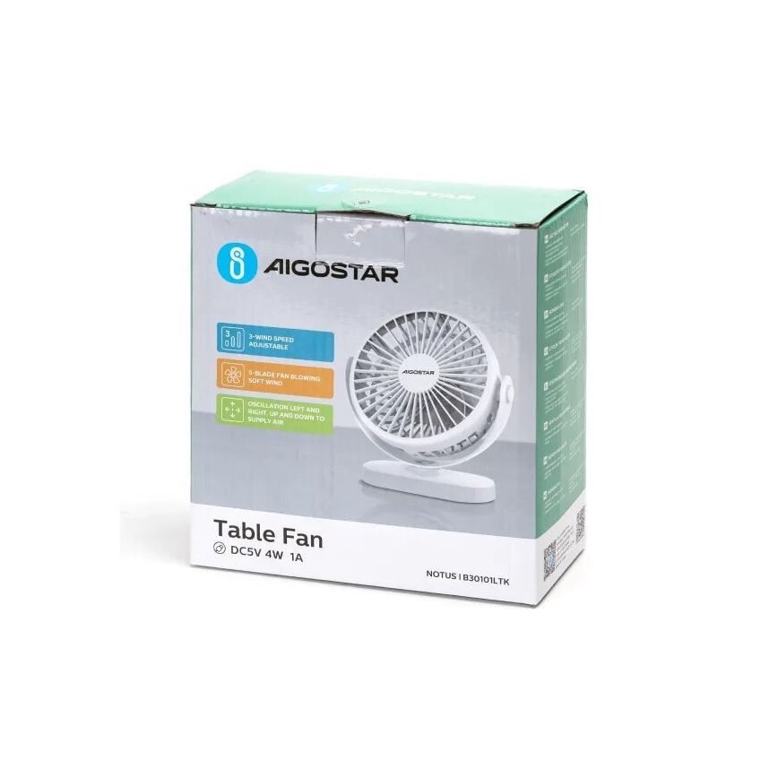 Aigostar - Genopladelig bordventilator 4W/5V 1500 mAh hvid