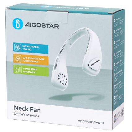 Aigostar - Genopladelig nakkeblæser 4W/5V 2000mAh hvid