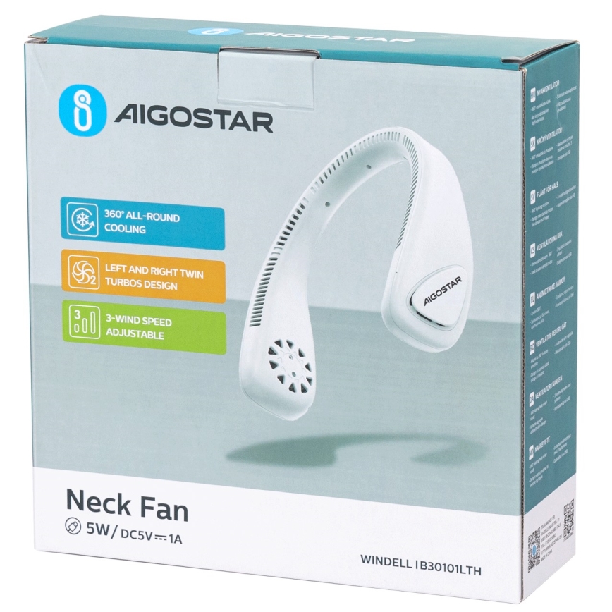 Aigostar - Genopladelig nakkeblæser 4W/5V 2000mAh hvid