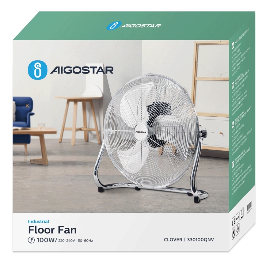 Aigostar - Gulvventilator 100W/230V skinnende krom