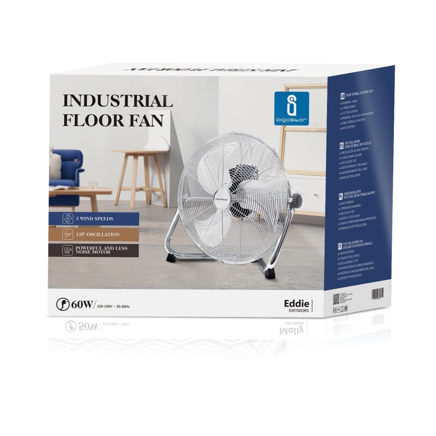 Aigostar - Gulvventilator 60W/230V 44,5 cm skinnende krom