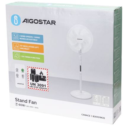 Aigostar - Gulvventilator 60W/230V hvid + fjernbetjening