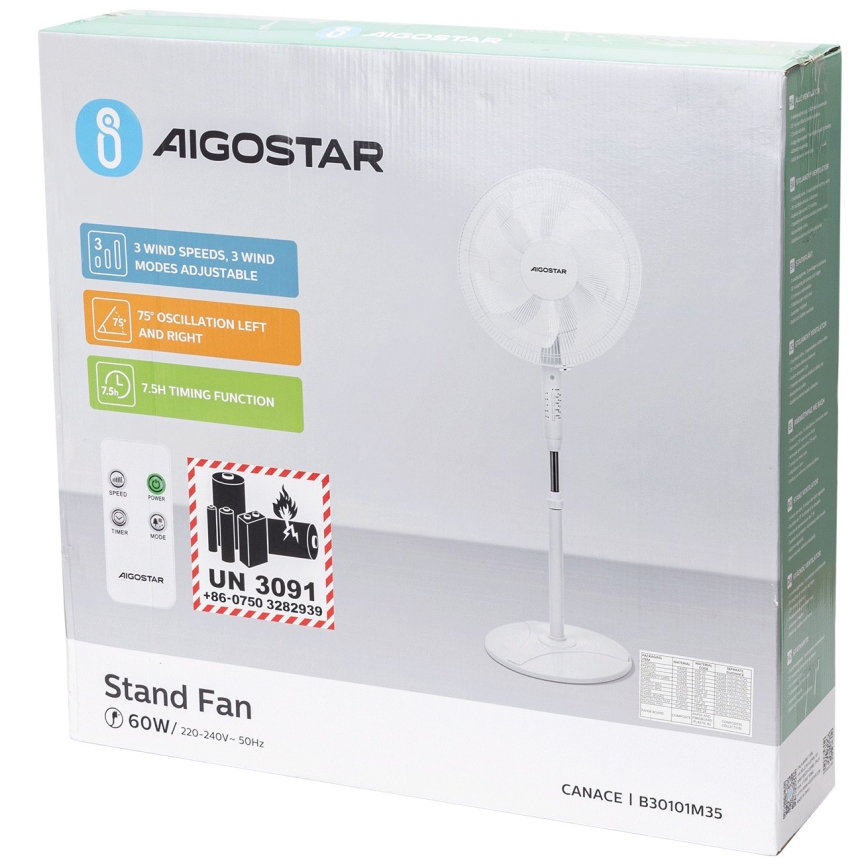 Aigostar - Gulvventilator 60W/230V hvid + fjernbetjening