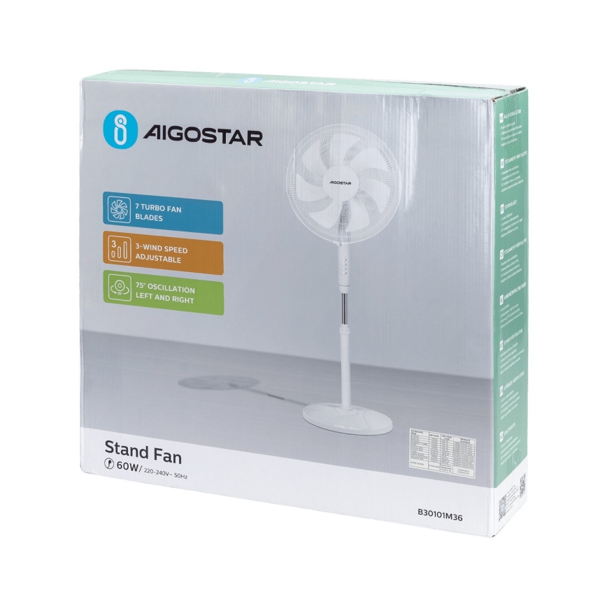 Aigostar - Gulvventilator 60W/230V hvid