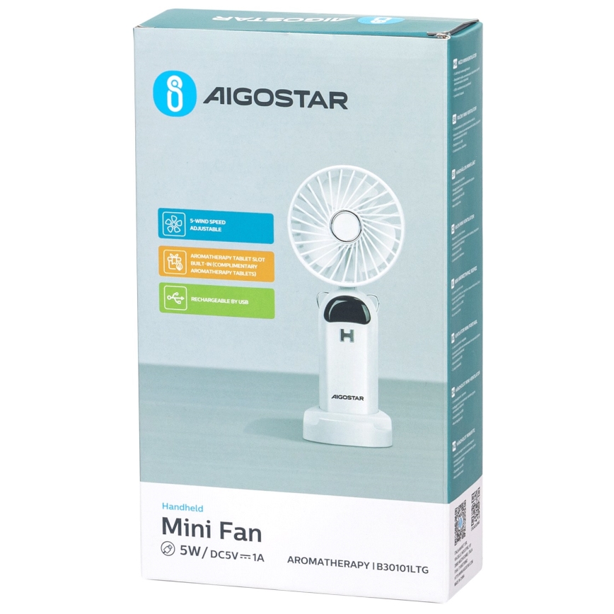 Aigostar - Håndholdt ventilator genopladelig 4W/5V 1200 mAh hvid