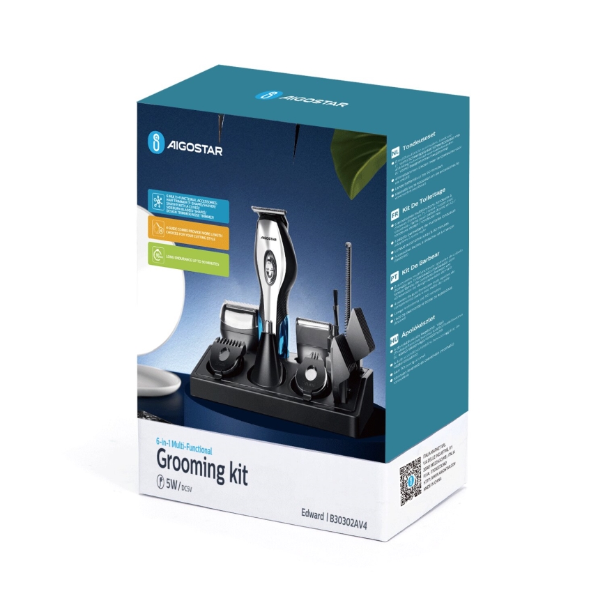 Aigostar - Hårtrimmer med tilbehør 6-i-1 5W/5V sort