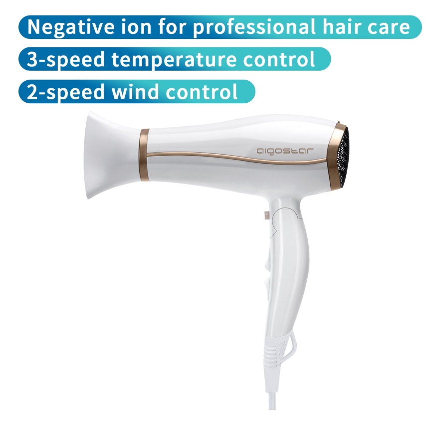 Aigostar - Hårtørrer med ionisator 2200W/230V hvid