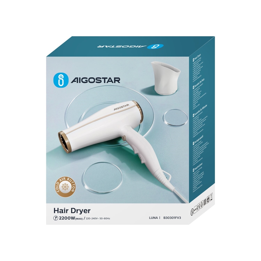 Aigostar - Hårtørrer med ionisator 2200W/230V hvid