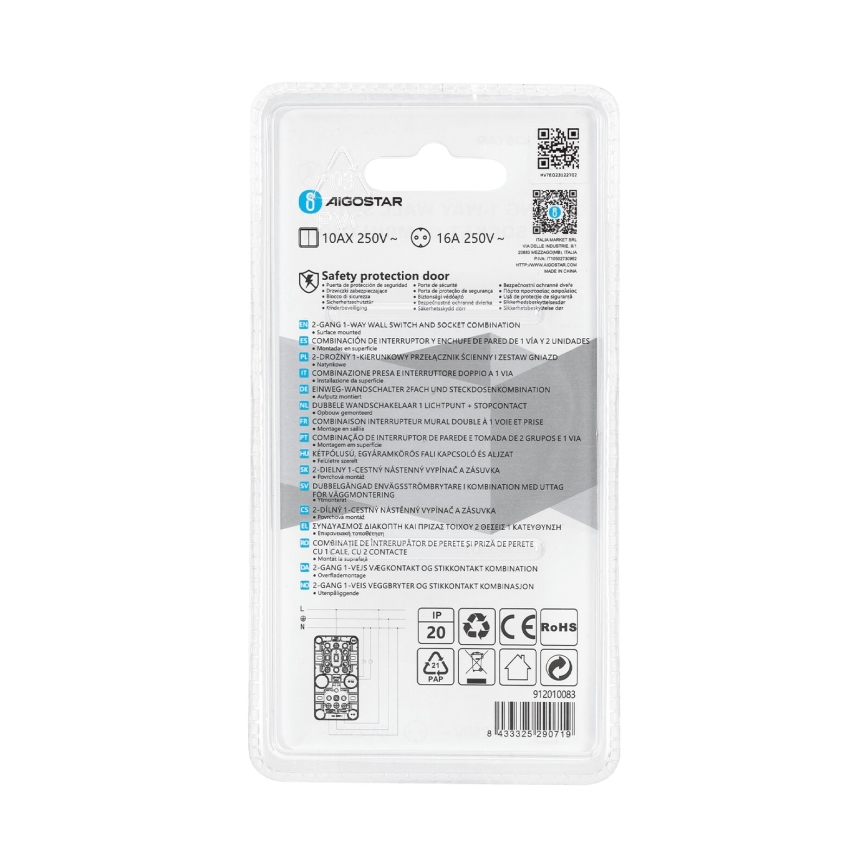 Aigostar - Home switch 2P med en kontakt 1x10A/250V
