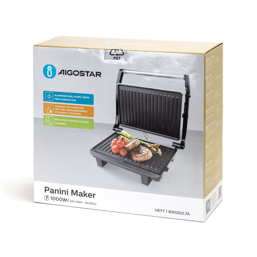 Aigostar - Kontaktgrill 1000W/230V sort/mat krom