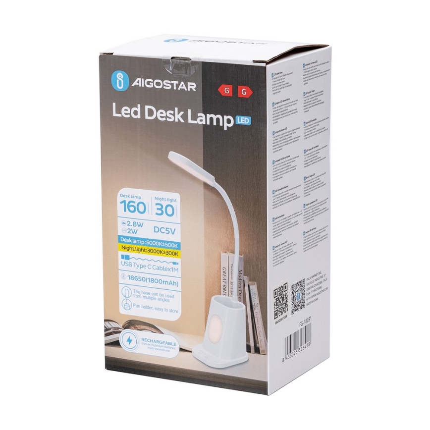 Aigostar - LED Bordlampe dæmpbar og genopladelig LED/2,8W/5V 1800mAh 3000/5000K hvid