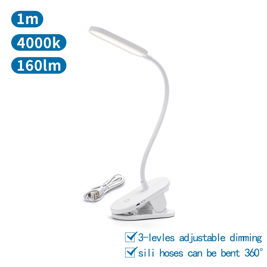 Aigostar - LED bordlampe dæmpbar og genopladelig med klemme LED/2,5W/5V 1200mAh hvid