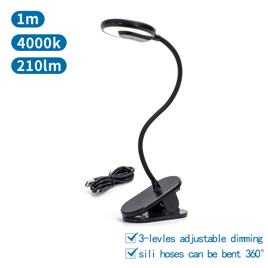 Aigostar - LED bordlampe dæmpbar og genopladelig med klemme LED/3W/5V 1800mAh sort