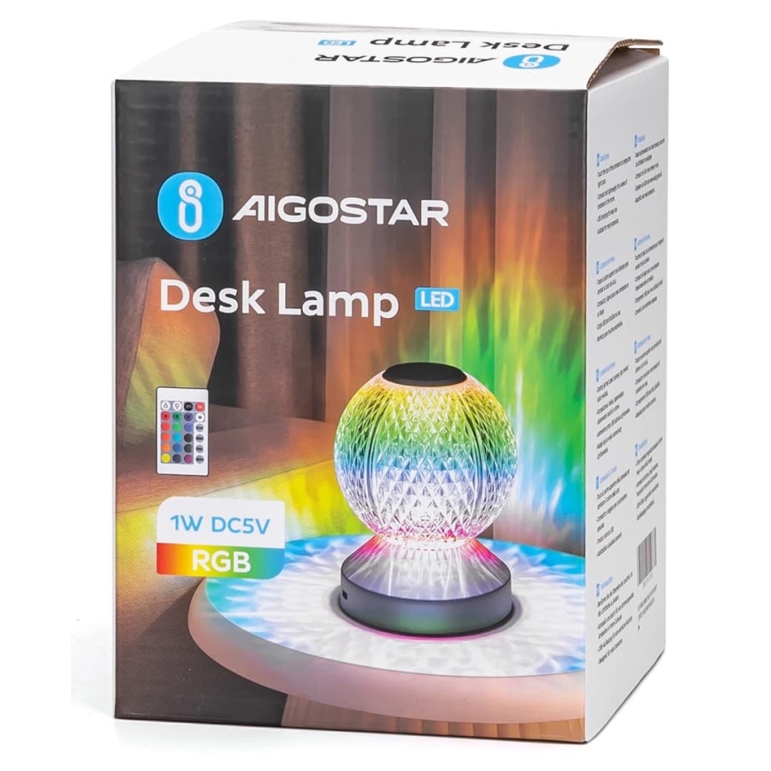Aigostar - LED bordlampe m. RGB-farver dæmpbar + genopladelig LED/1W/5V 1800 mAh 13,5 cm + fjernbetjening