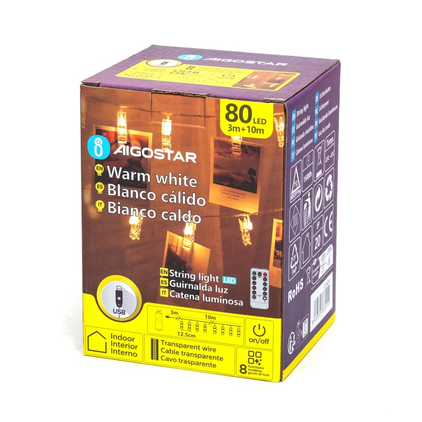 Aigostar - LED dekorationslyskæde 80 LED / 5 W / USB, 13 m, varm hvid