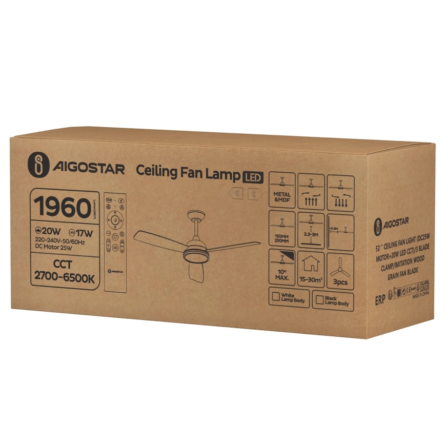 Aigostar - LED Dæmpbar Loftventilator LED/20W/230V 2700-6500K 132 cm brun + fjernbetjening