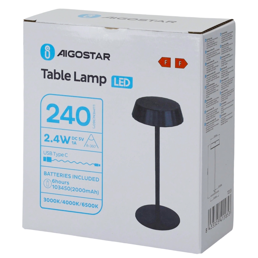 Aigostar - AMBIENT dæmpbar LED-bordlampe LED/2,4W/5V 3000-6500K sort 2000 mAh
