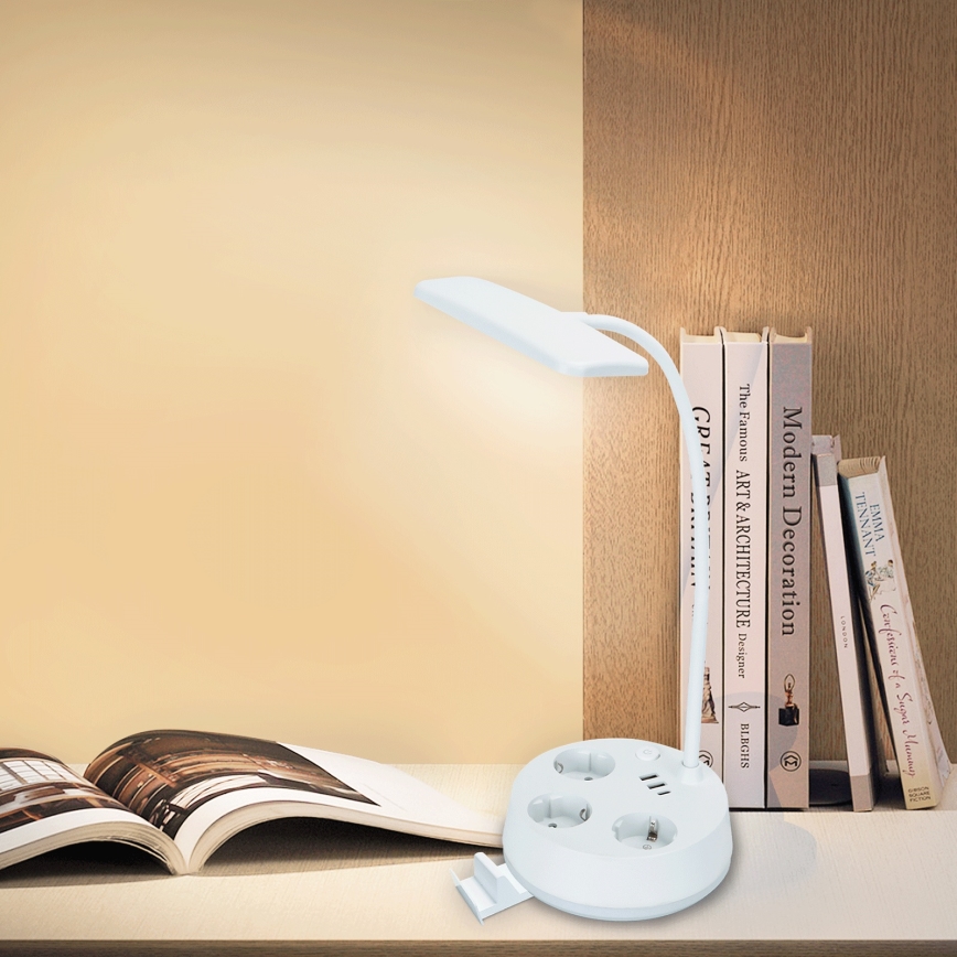 Aigostar - LED Dæmpbar skrivebordslampe med stikkontakter og USB LED/4,6W/230V 3000/4000/6500K hvid