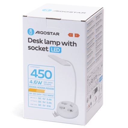 Aigostar - LED Dæmpbar skrivebordslampe med stikkontakter og USB LED/4,6W/230V 3000/4000/6500K hvid