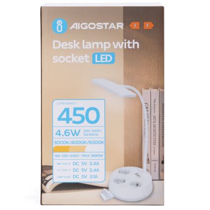 Aigostar - LED Dæmpbar skrivebordslampe med stikkontakter og USB LED/4,6W/230V 3000/4000/6500K hvid