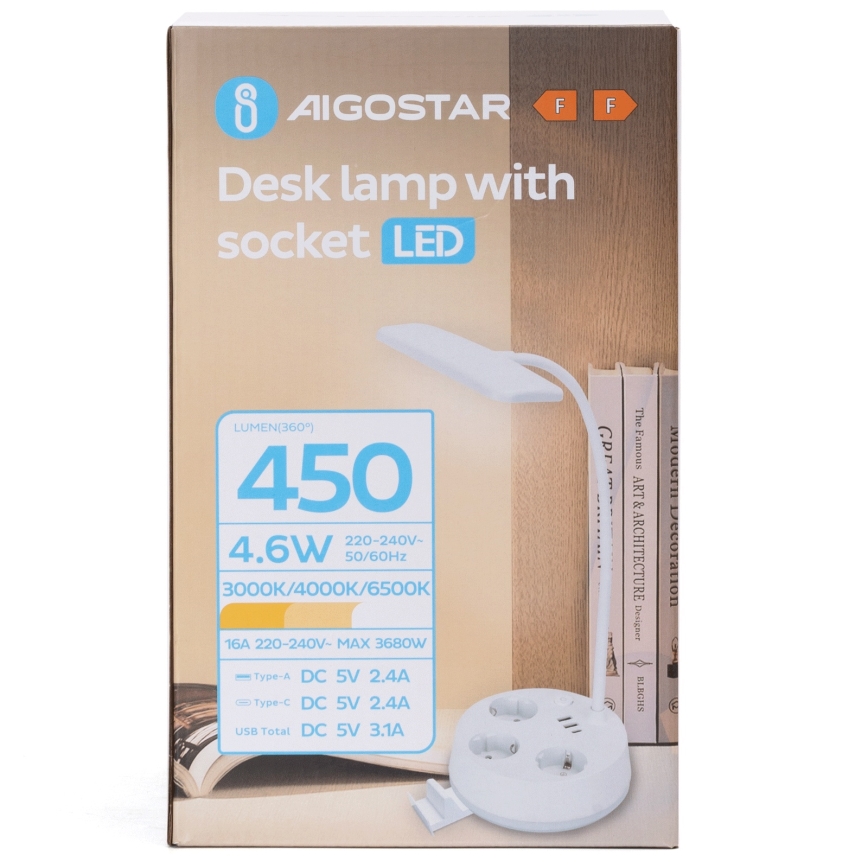 Aigostar - LED Dæmpbar skrivebordslampe med stikkontakter og USB LED/4,6W/230V 3000/4000/6500K hvid