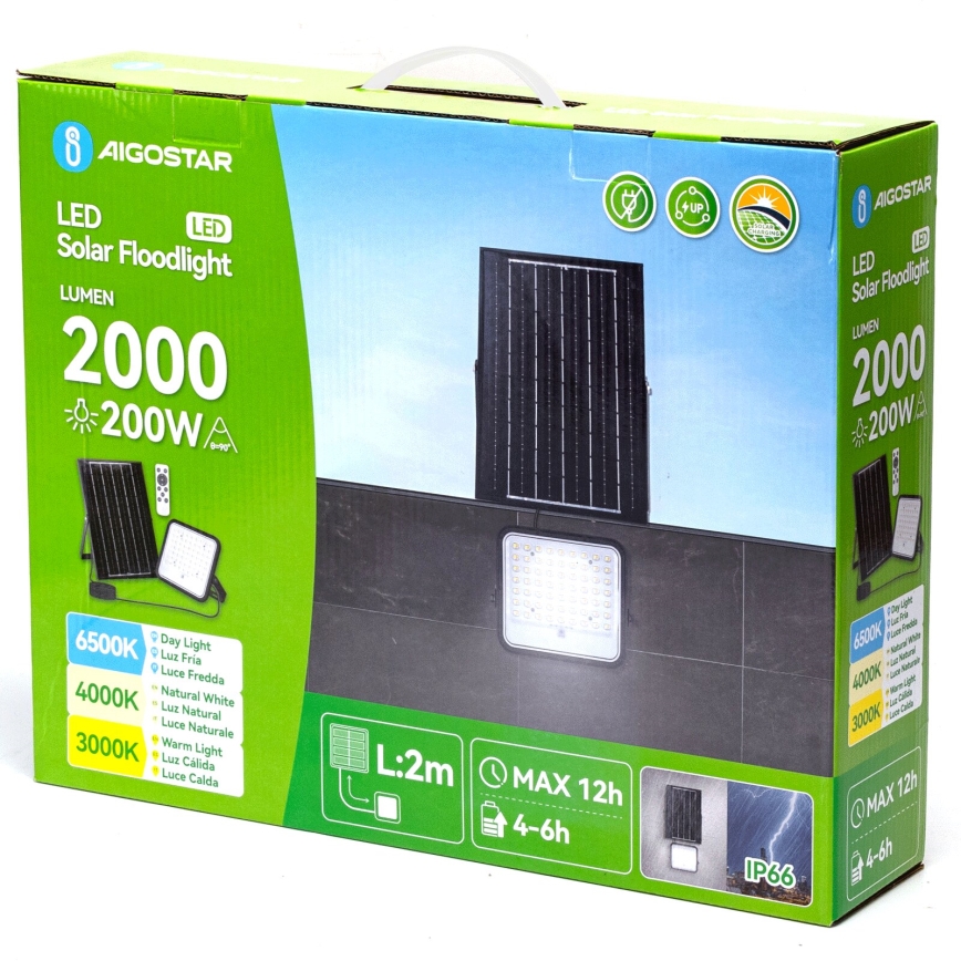 Aigostar - Dæmpbar LED solcelleprojektør LED/200W/3,4V 3000/4000/6500K IP66 16000 mAh + fjernbetjening