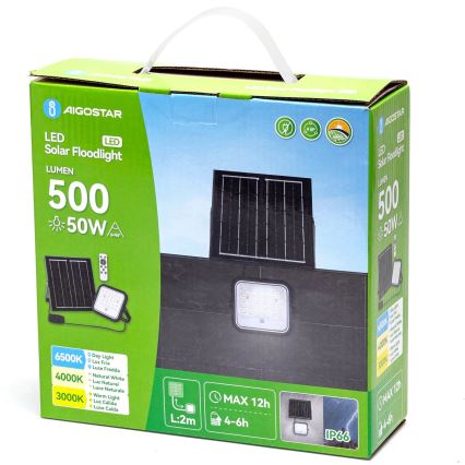 Aigostar - Dæmpbar LED solcelleprojektør LED/50W/3,4V 3000/4000/6500K IP66 4000 mAh + fjernbetjening