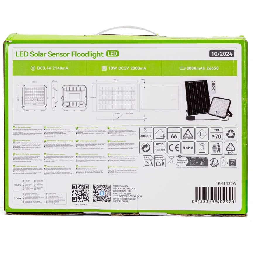 Aigostar - LED dæmpbar solreflektor med sensor LED/120W/3,4V 6500K IP66 8000 mAh + fjernbetjening