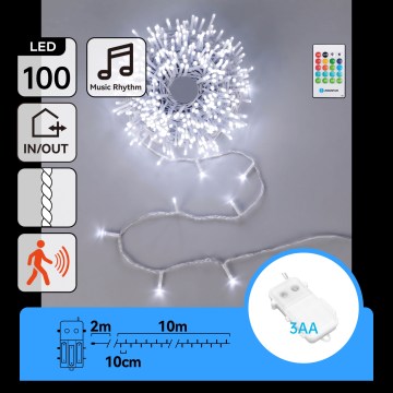 Aigostar - LED dæmpbar udendørs julelyskæde med bevægelsessensor 100xLED/3xAA 12m kold hvid + fjernbetjening