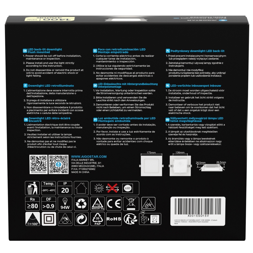 Aigostar - LED indbygningsarmatur 12W/230V 4000K 17,5x17,5 cm hvid
