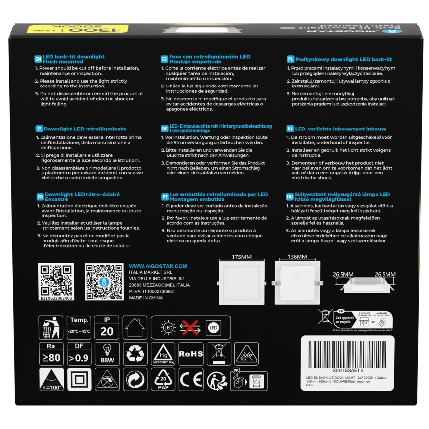Aigostar - LED Indbygningslampe LED/12W/230V 3000K 17,5x17,5 cm hvid
