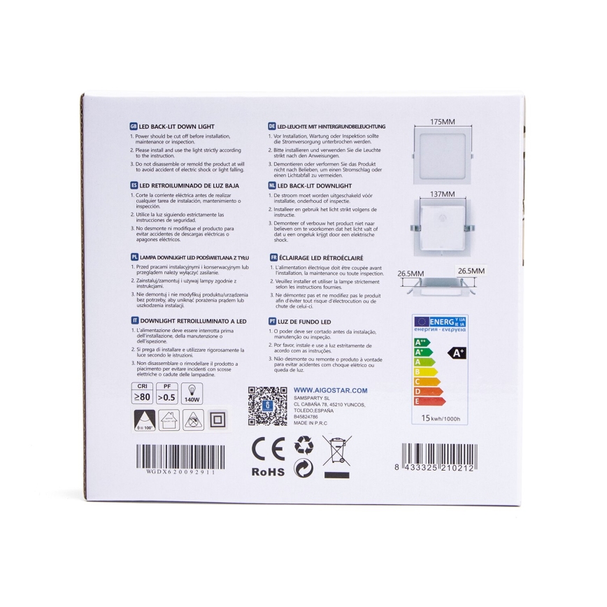 Aigostar - LED indbygningslampe LED/15W/230V 17,5x17,5 cm 3000K hvid