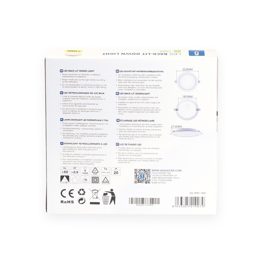 Aigostar - LED indbygningslampe LED/18W/230V 3000K Ø 22,2 cm hvid