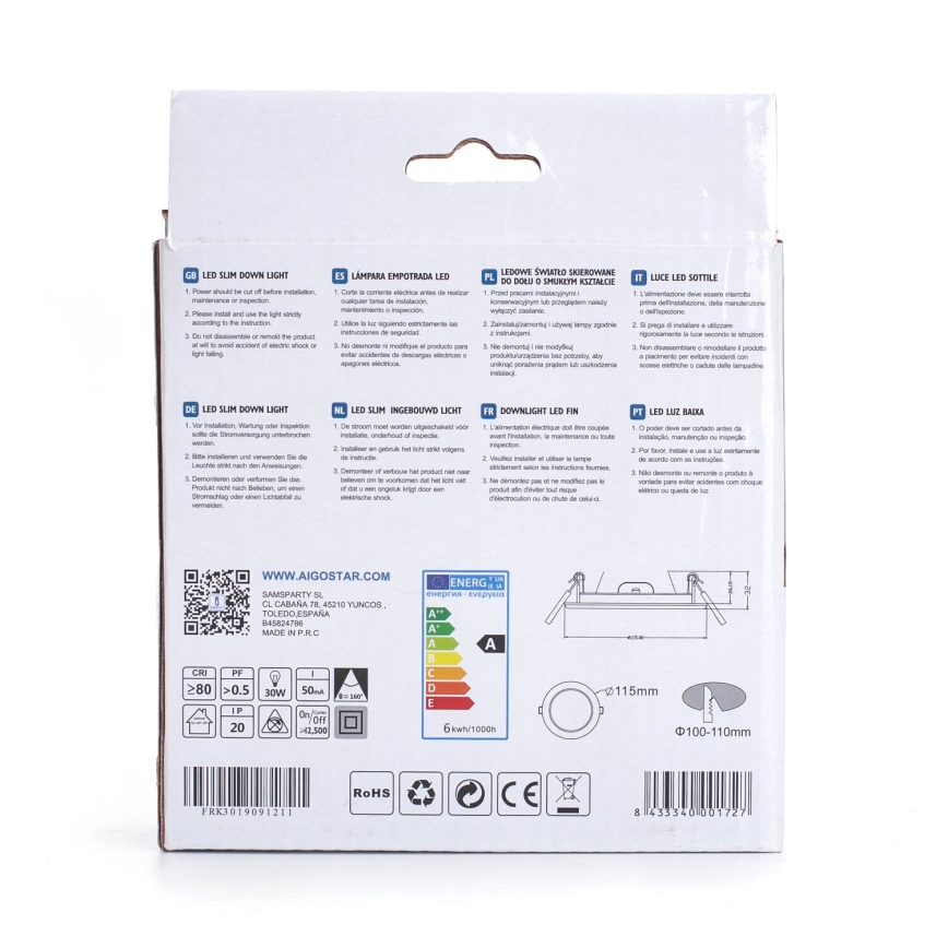 Aigostar - LED indbygningslampe ULTRATHIN LED/6W/230V 3000K hvid