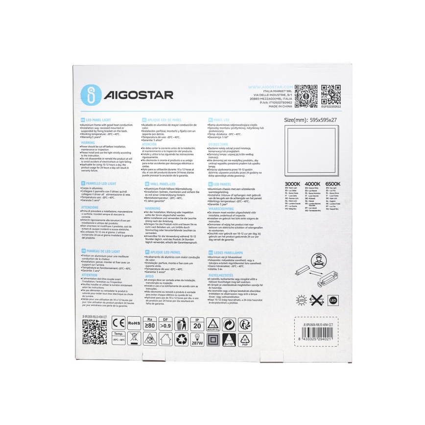 Aigostar - LED indbygningspanel LED/40W/230V 3000K/4000K/6500K 60x60cm hvid