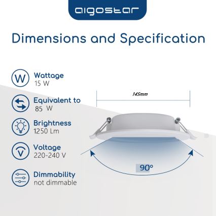 Aigostar - LED indbygningsspot til badeværelse LED/15W/230V 4000K IP44 pr. 14,5 cm hvid