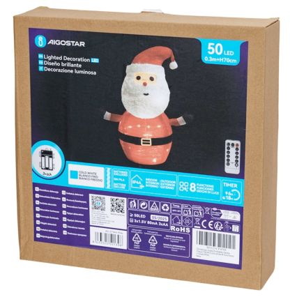 Aigostar - LED udendørs juledekoration 50xLED/3xAA 0,7m IP44 kold hvid Santa Claus