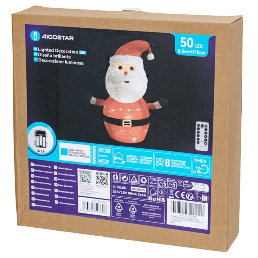 Aigostar - LED udendørs juledekoration 50xLED/3xAA 0,7m IP44 kold hvid Santa Claus