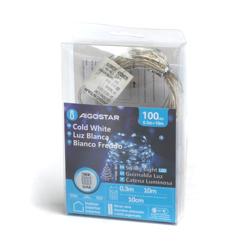 Aigostar - LED julekæde 100xLED/3xAA 10,3 m kold hvid